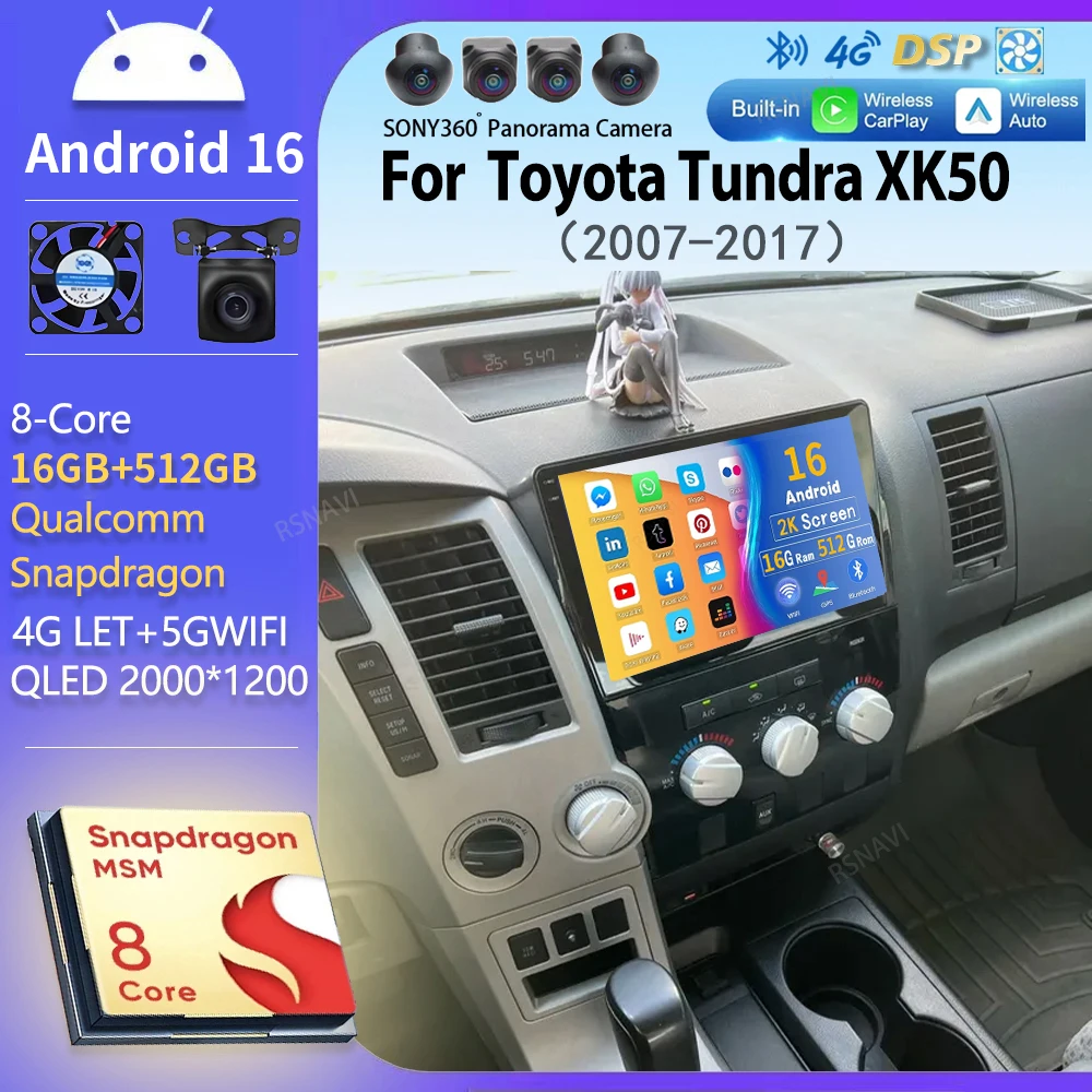 Radio para Auto con Android 16 y Carplay para Toyota Tundra XK50 2007 - 2013 Sequoia XK60 2008 - 2017, Navegación GPS, Reproductor Multimedia Estéreo