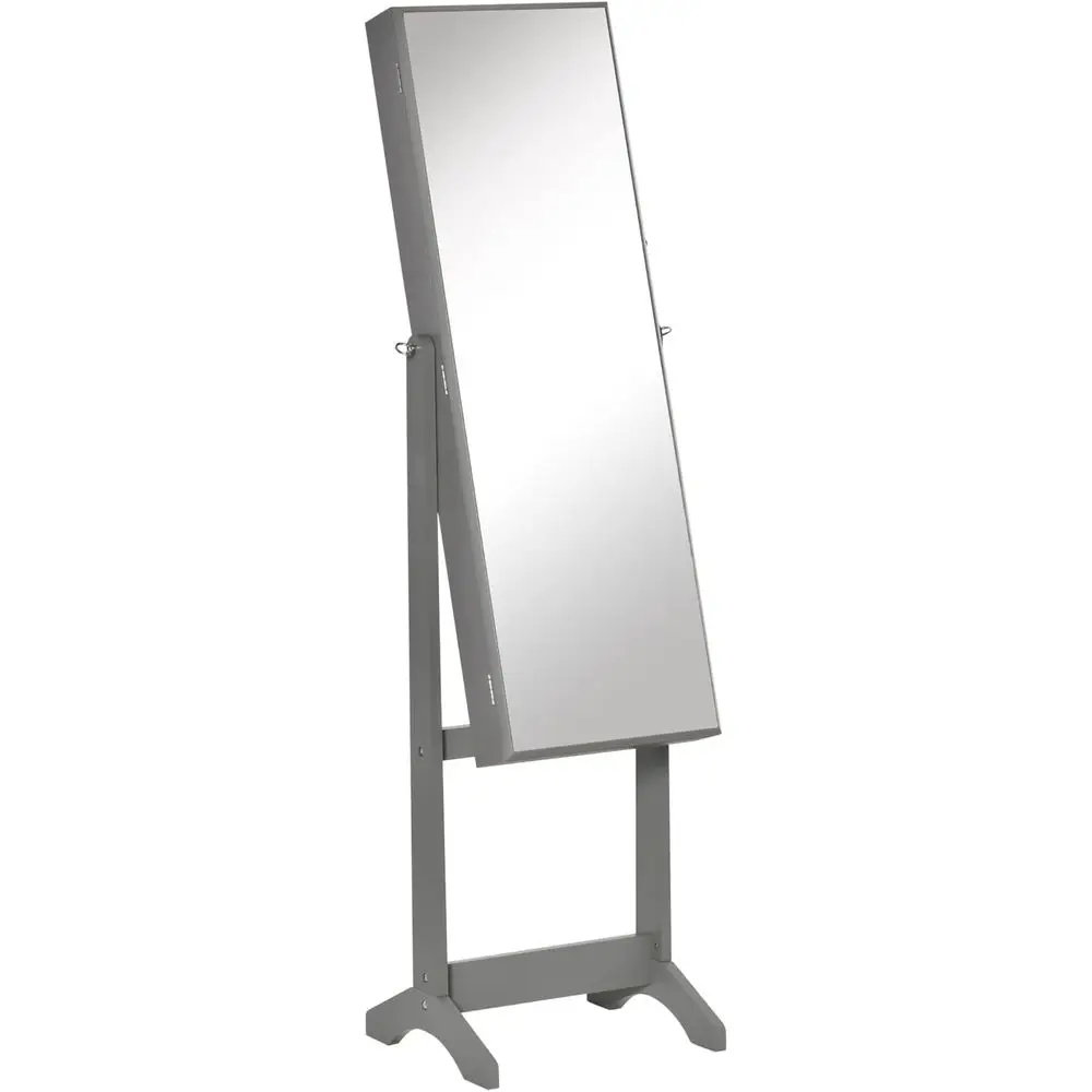 Grey Lockable Jewelry Cabinet with Full-Length Mirror and 3 Adjustable Shelves