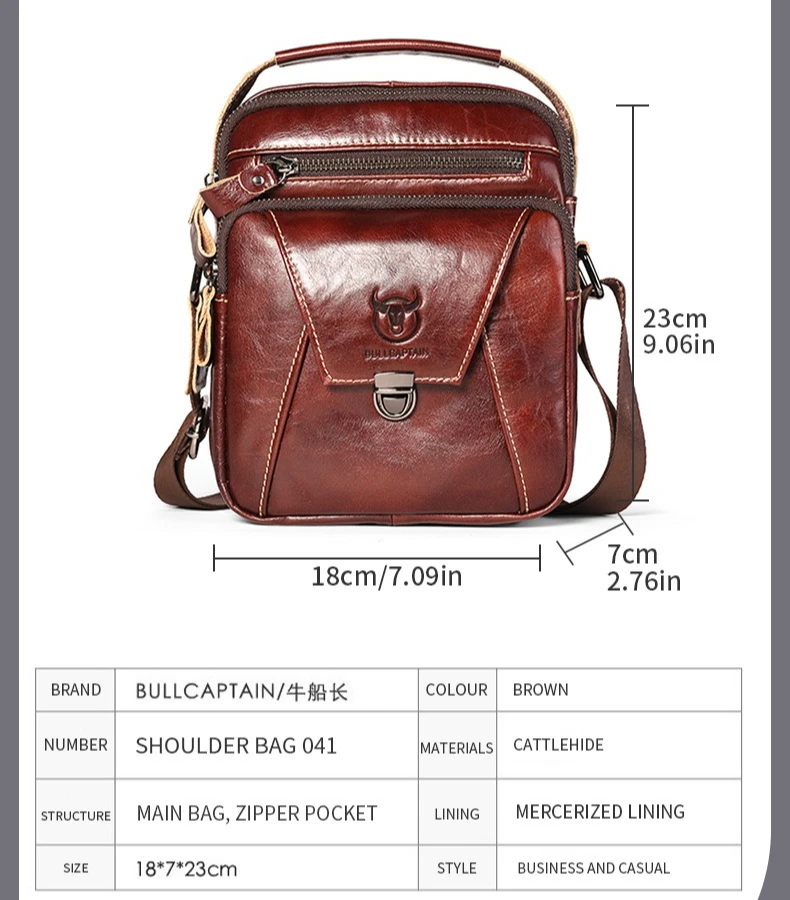 Real leather men's square lock zipper tote travel phone tablet storage large capacity shoulder crossbody bag