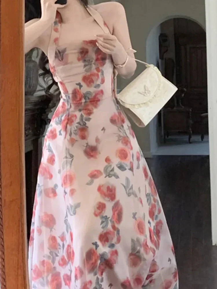 Robe dos nu en mousseline de soie florale de style coréen vintage pour femmes, robes mi-longues élégantes pour les fêtes parfaites en France