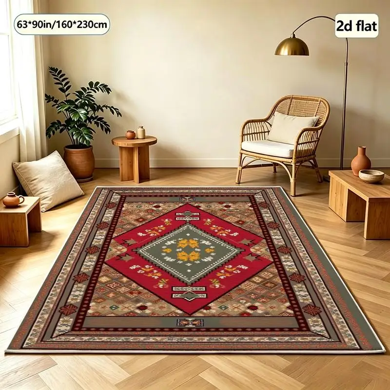 Ethnic Retro Style Red Diamond Floral Pattern Carpet Non-Slip Carpet Soft Mat Indoor Living Room Bedroom Home Floor Mat