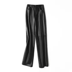 2023 Autumn and Winter New Genuine Leather Pants Casual High Waist Slim Fit Versatile Real Sheepskin Pants E69