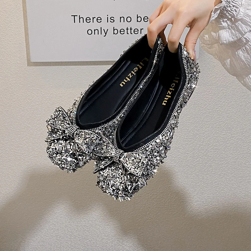 

2026 Women's Shoes Exquisite Bow Bling Casual Shoes for Woman Fashion Square Head Flat Shoe Luxury Designer Shoes Zapatos Mujer