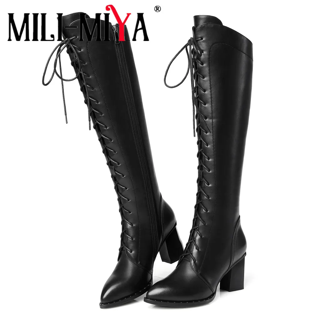 MILI-MIYA Women's Leather Pointed-Toe Knee High Boots With Thick Heels Solid Color Warm Fleece Lining Casual Shoes Plus Size 42