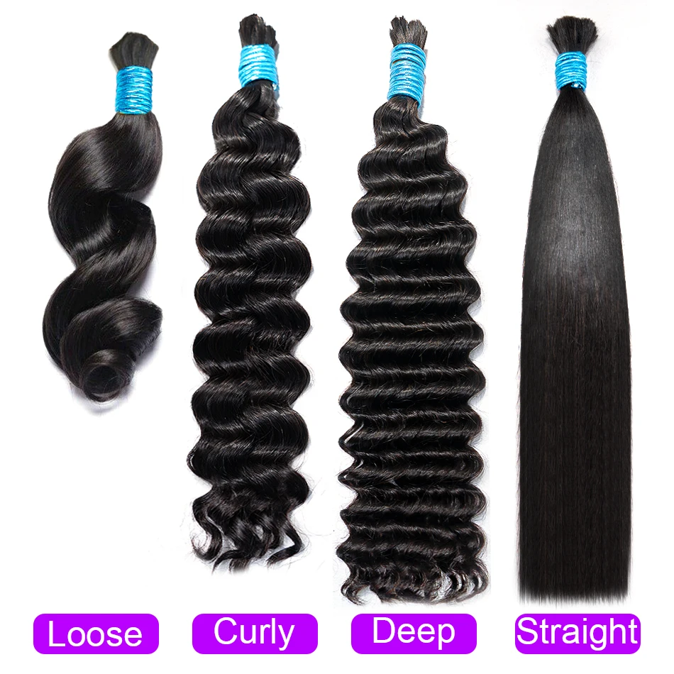 100%Human Hair Bulk Straight/DeepWave/LooseWave,Natural Color Crochet Hair Human Hair Braiding Extensions Weaving Hair for Women