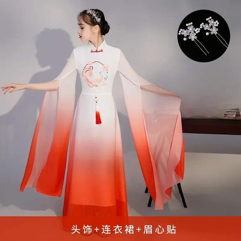 중국 스타일 Hanfu Guzheng 공연 어린이 고전 무용 의상 소녀 공연 드레스 파란색 흰색 도자기 드레스