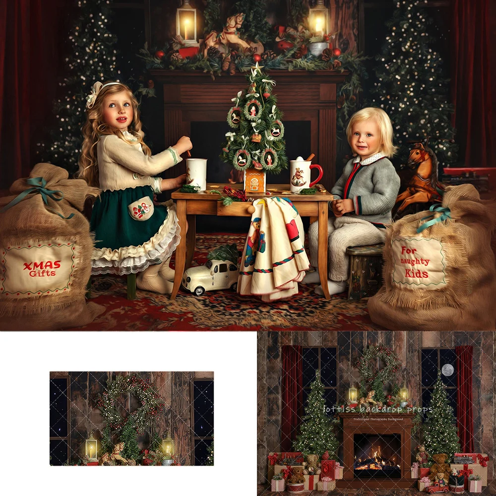 Fireside Wishes Xmas Backdrops Kids Family Photography Child Baby Photocall Wooden Wall Fireplace Christmas Trees Backgrounds