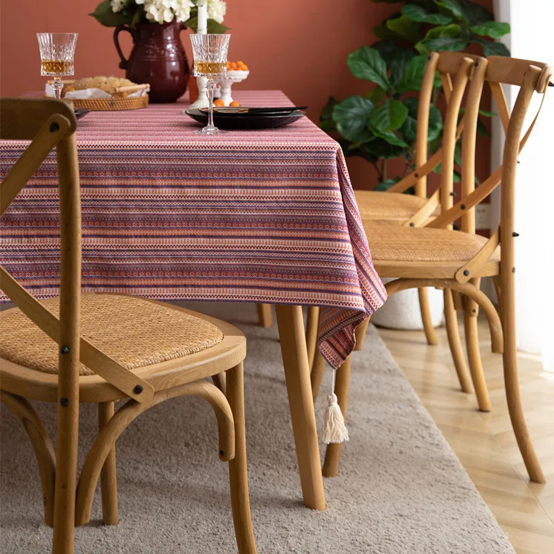 

American Tablecloth Ethnic Style Bohemian Tassel Yarn-dyed Flower Striped Coffee Dining Table Cloth for Home Kitchen Decoration