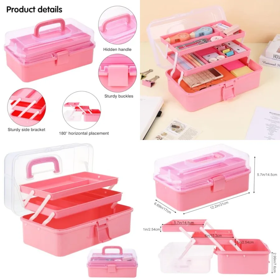 

12.5inch 3-Layer Multipurpose Craft Organizers Portable Folding Toolbox Plastic Tool Box with Handle for Sewing Supplies Medici