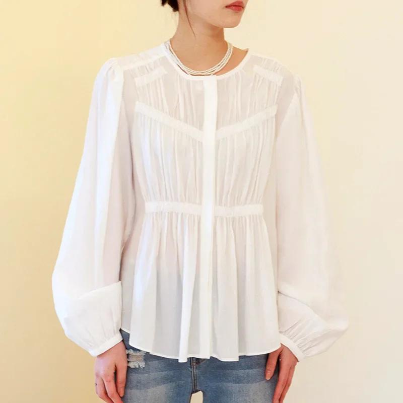 Draped Long Sleeve Top French Style Tulle Ruffles Shirt Women's Fashion Blouse For Spring Summer Southern Oil