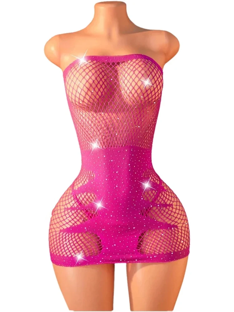 FHSEER 2pcs Women's Rhinestone Sexy Lingerie Strapless Fishnet Teddy Lingerie & Thong Hollow Out Sheer Intimate Hot Nightwear