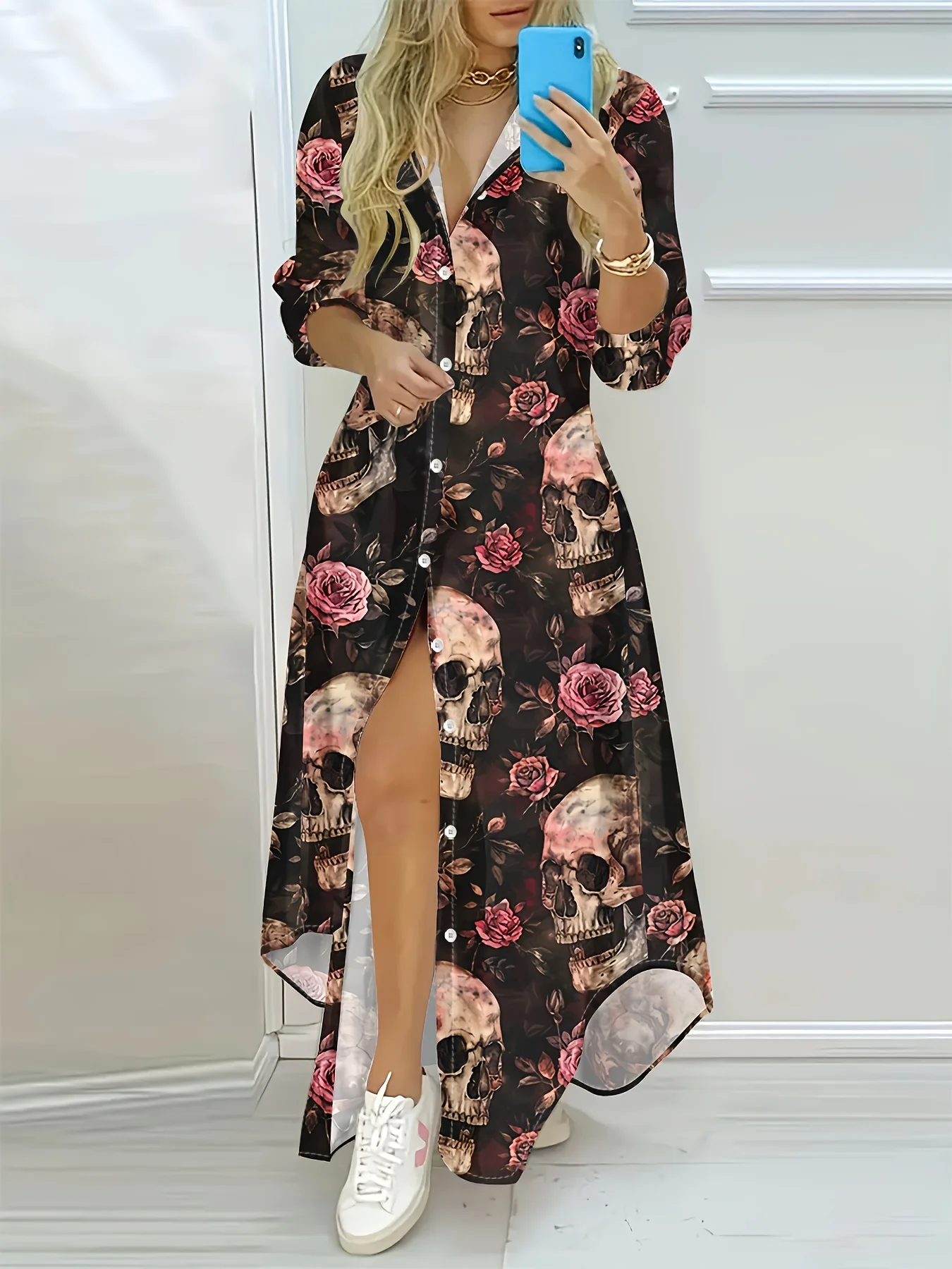 Damen Langarm-Kleid Herbst Winter Lässiges Elegantes Bodycon Midikleid Totenkopf-Rosen-Print A-Linien-Partykleid für Frauen