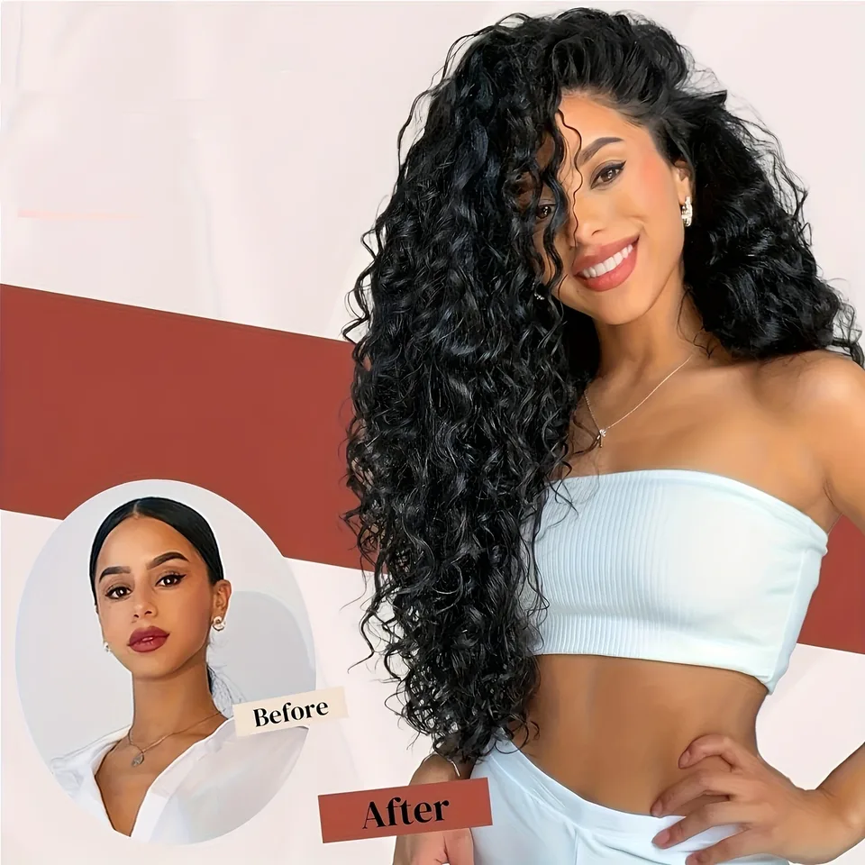 9 piezas de extensiones de cabello rizado con clip de 22 pulgadas, postizos sintéticos largos y gruesos para mujer, marrón oscuro 5
