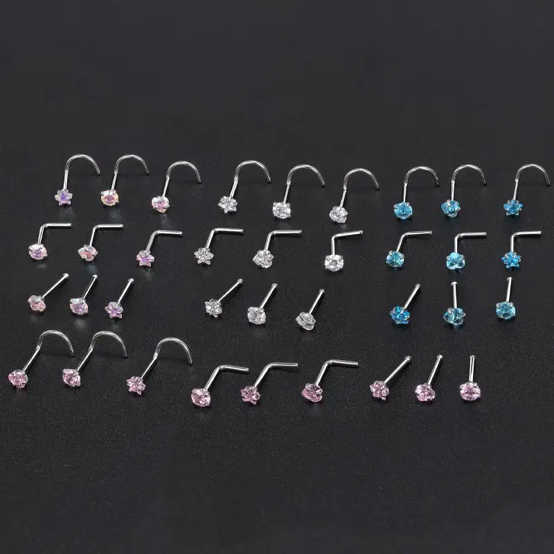 1Pcs Stainless Steel Nose Studs Round Heart Star Cubic Zirconia L Shape Nose Rings Nostril Piercing Jewelry For Woman