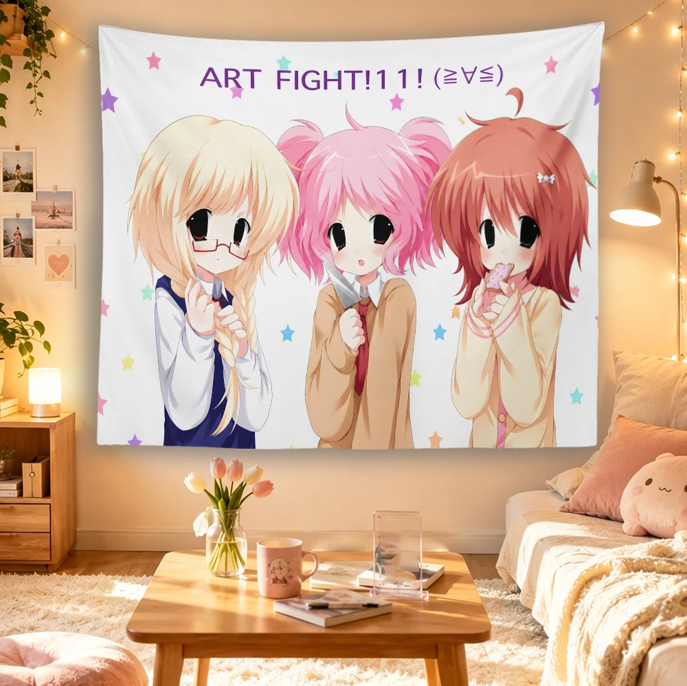 Art Fight Cute Anime Girls Tapestry, Pastel Star Print Kawaii Wall Hanging, Japanese Anime Aesthetic Wall Cloth for Bedroom Dorm