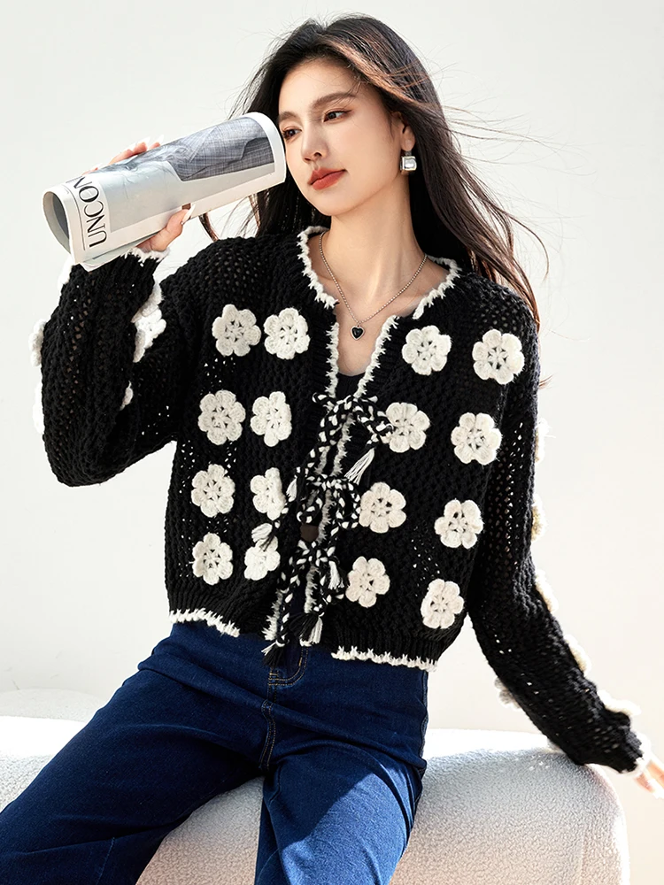 Knitted Cardigan Jacket Women\'s Autumn Winter Design Sense Niche Casual Loose Three-dimensional Crochet Sweater