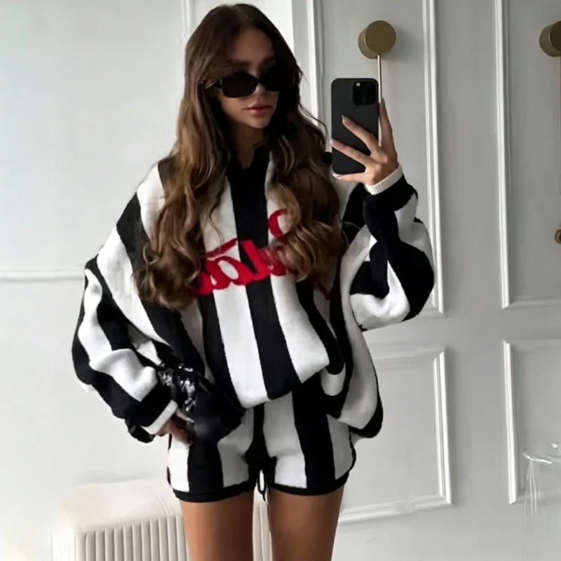 Women Striped Letter Print Knitted Set V Neck Loose Knit Top Knitted Shorts Casual Co‑ord Set 2026 New Autumn Ladies Outfit image 4