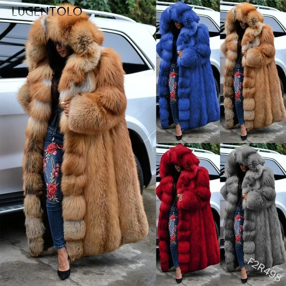 Lugentolo Women New Faux Fur Coat Large Size Winter Loose Warm Thick Hoodie Long Sleeve Casual Fashion Womens Coats