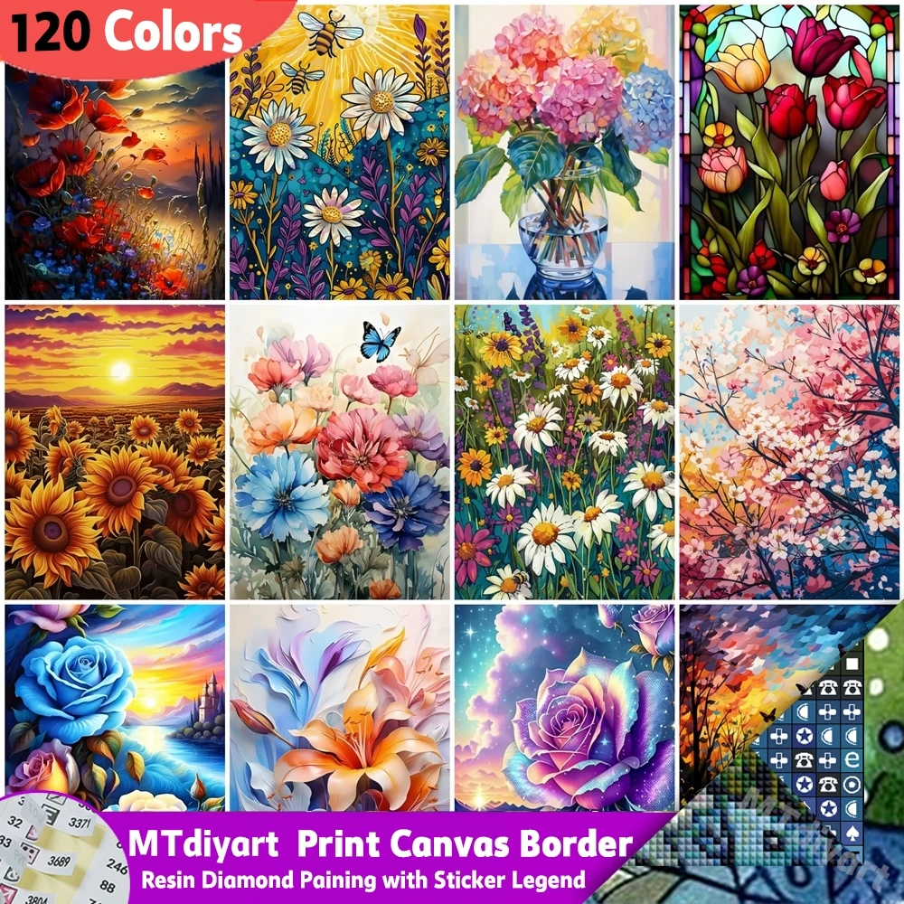 Printed Canvas Border Symbol Stickers 120 Colors Resin Diamond Painting Colorful Sunflower Tulip Floral Full Drill Mosaic Art