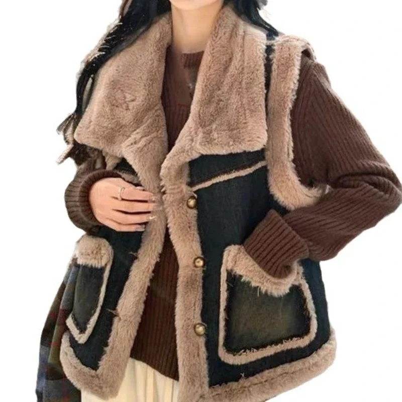 

Осень-зима модный женский джинсовый жилет из высококачественного хлопка в стиле ретро с большим меховым воротником утолщенный свободный джинсовый жилет теплая куртка