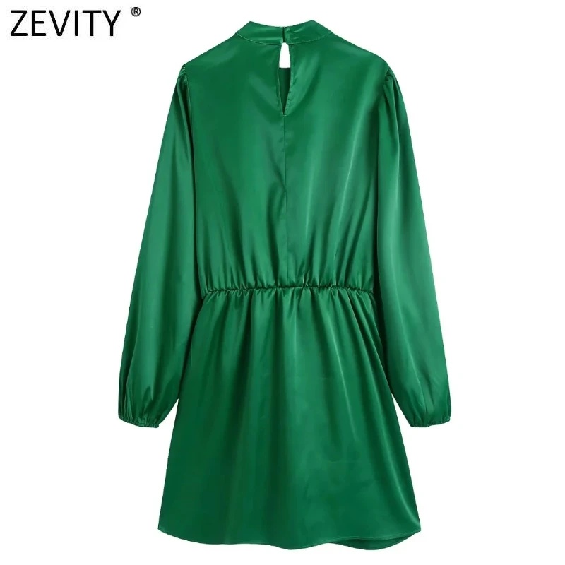 ZEVITY Women Fashion Half High Collar Side Bow Tied Green Soft Satin Mini Dress Female Chic Irregular Hem Party Vestidos DS9085