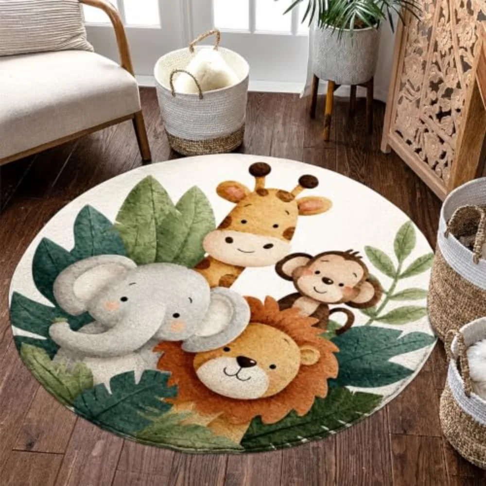 Circle Floor Carpet Multicolored Mascot Silhouette Fluffy Reddish Brown Mane Deep Green Foliage Leaves Printed Ivory White Base