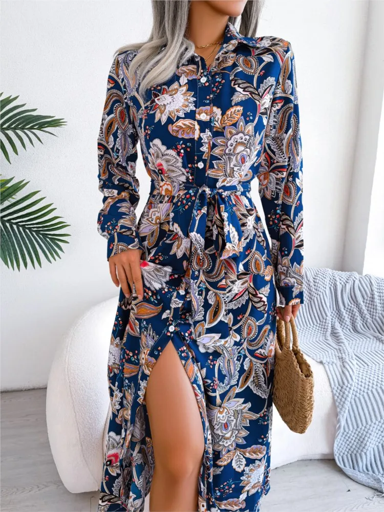 Shirt Dresses For Women Spring Floral Print Button Elegant Lace-up Long Dress Fashion Party Dresses Robe Femme