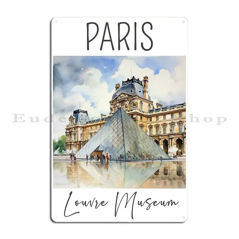 A Watercolor Design Of The Louvre Museum Paris France Metal Sign Club Garage Customize Wall Decor Cinema Tin Sign Poster