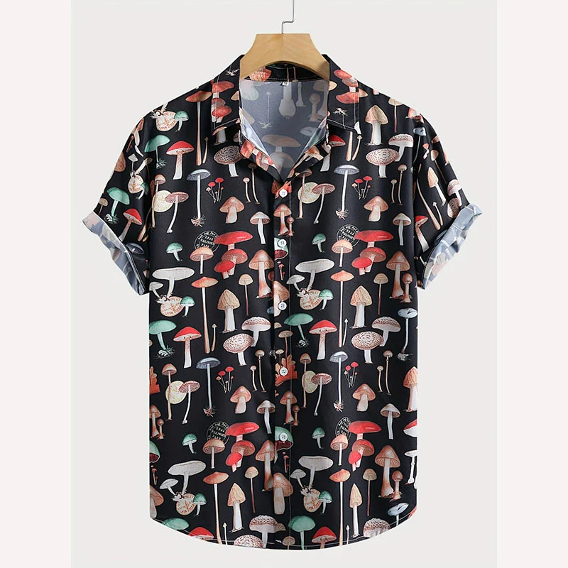 Baju motif 3d jamur kasual, baju uniseks kancing lengan pendek, baju Hawaii Musim Panas keren