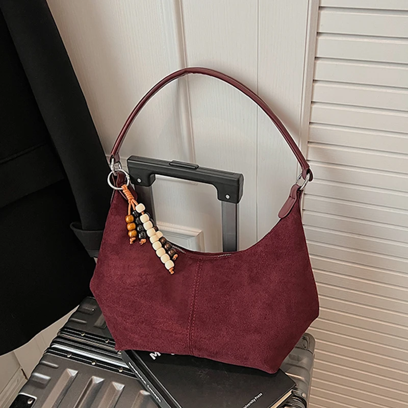 Retro Red Suede One Shoulder Bag Women Autumn Winter New Crossbody Bags Maillard Beadding Pendant Underarm Bag Bride Handbags