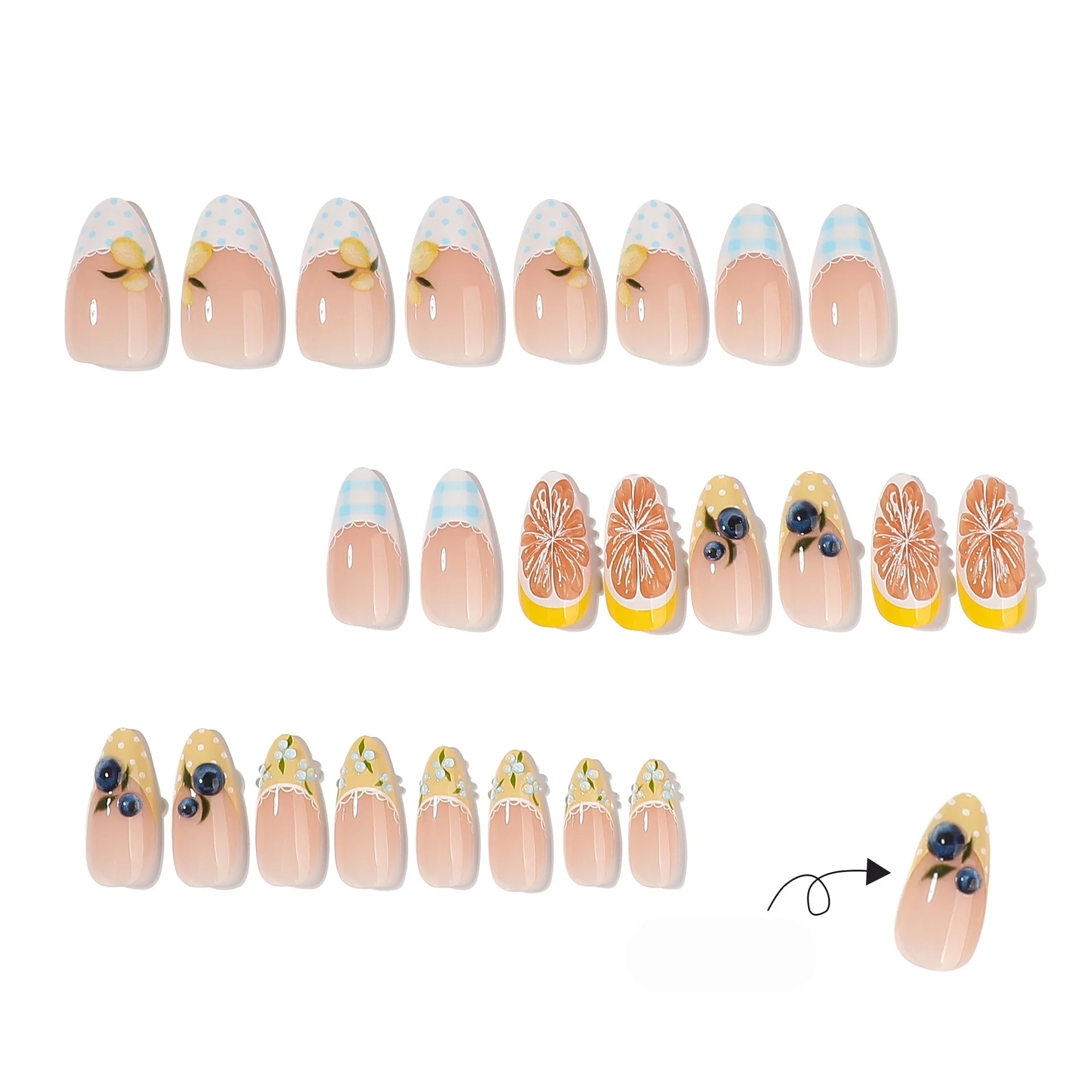24pcs Lemon Blueberry Plaid French Tip Press On Nails Summer Fruit Design Fake Nail Short Almond False Nail for Women&Girl