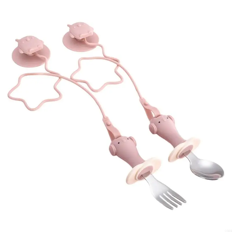 CORB 2Pcs Infant Silicone Handle Spoon and Fork Set Nonslip Suction Cup Toddler Utensils for Early Feeding Practice