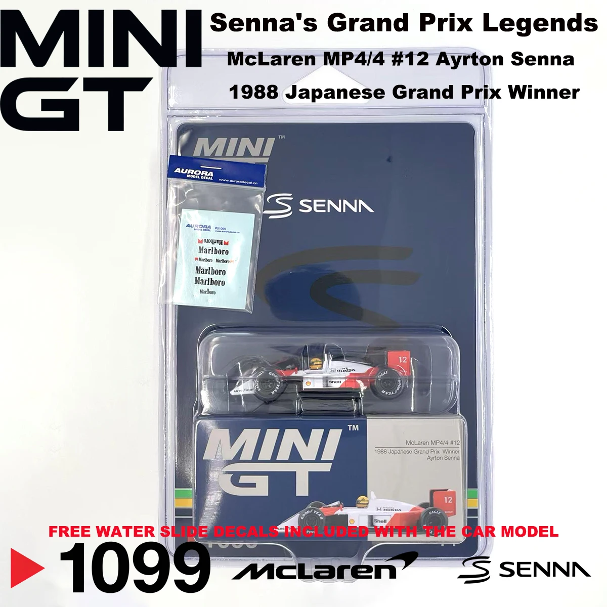 MiniGT 1099 / MiniGT 1123, schaal 1:64, Japanse Grand Prix 1988, nummer 12. #   Ayrton Senna # 11 Alain Prost F1 McLaren MP4/4, gegoten modelauto.