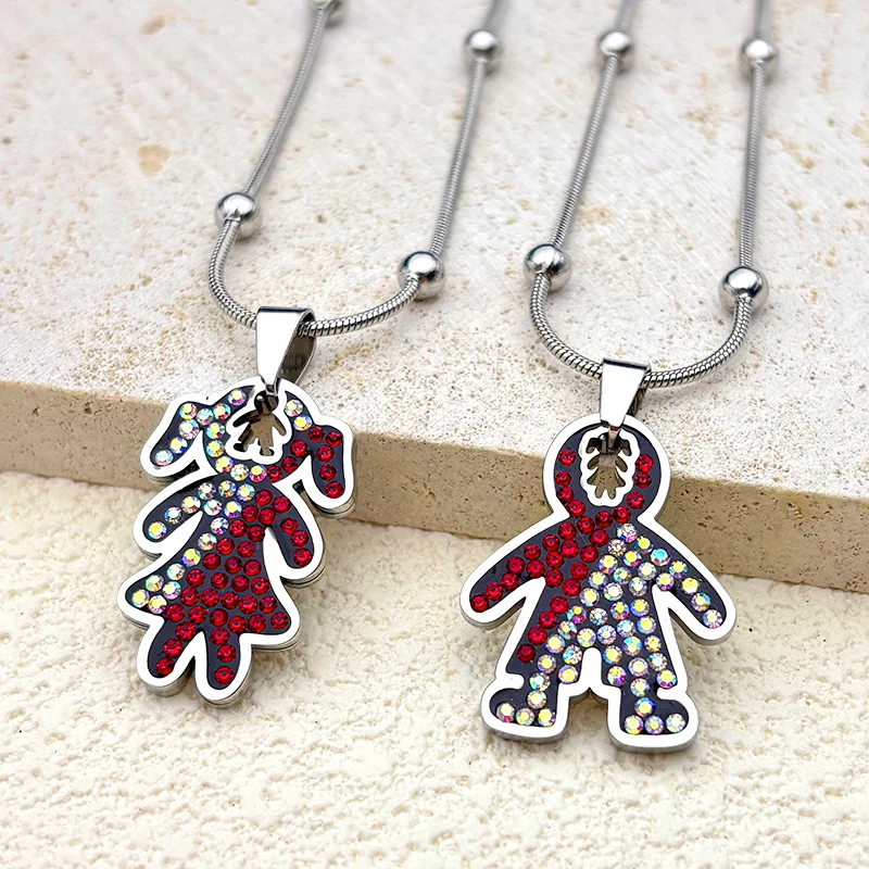 

Little Boy Girl Zircon Kids Pendant Necklace For Women Men Stainless Steel Silver Color Trendy Family Chain Jewelry Mother'S Day