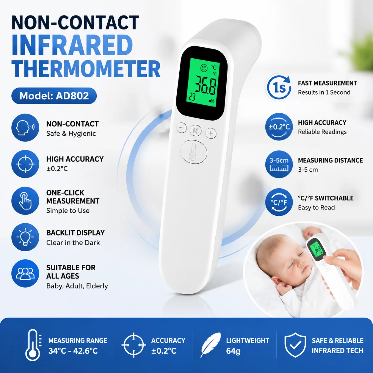 Digital Thermometer Infrared - Medizinisches digitales Infrarot-Thermometer, schnelle Temperaturmessung, medizinisches