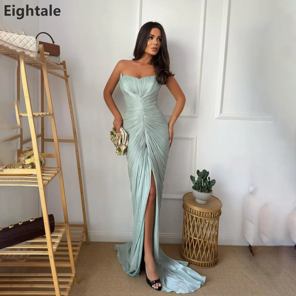 Eightale Sage Green Strapless Sweetheart Crinkle Chiffon Evening Gown Ruched Front High Slit Mermaid Wedding Guest Prom Dress