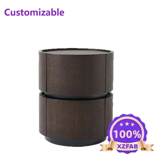 Factory Direct 2026 Italian minimalist walnut bedside table designer high-end round saddle leather bedroom household bedside sto