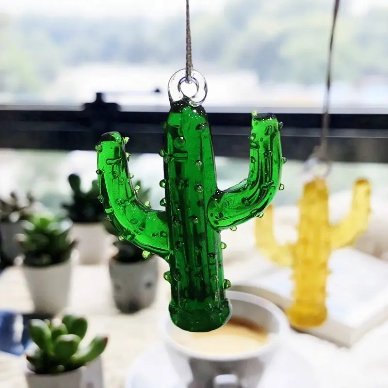 Ins Mini Glass Cactus Pendant Cute Plant Charm Ornament DIY Craft Supplies Window Outdoor Garden Bonsai Hanging Decor Accessory
