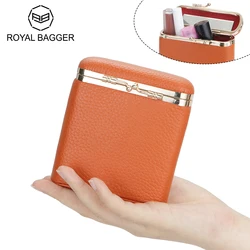 Royal Bagger Solid Color Kiss Lock Coin Purse, Fashionable Small Lipstick Holder, Genuine Leather Pouch with Mirror 1800