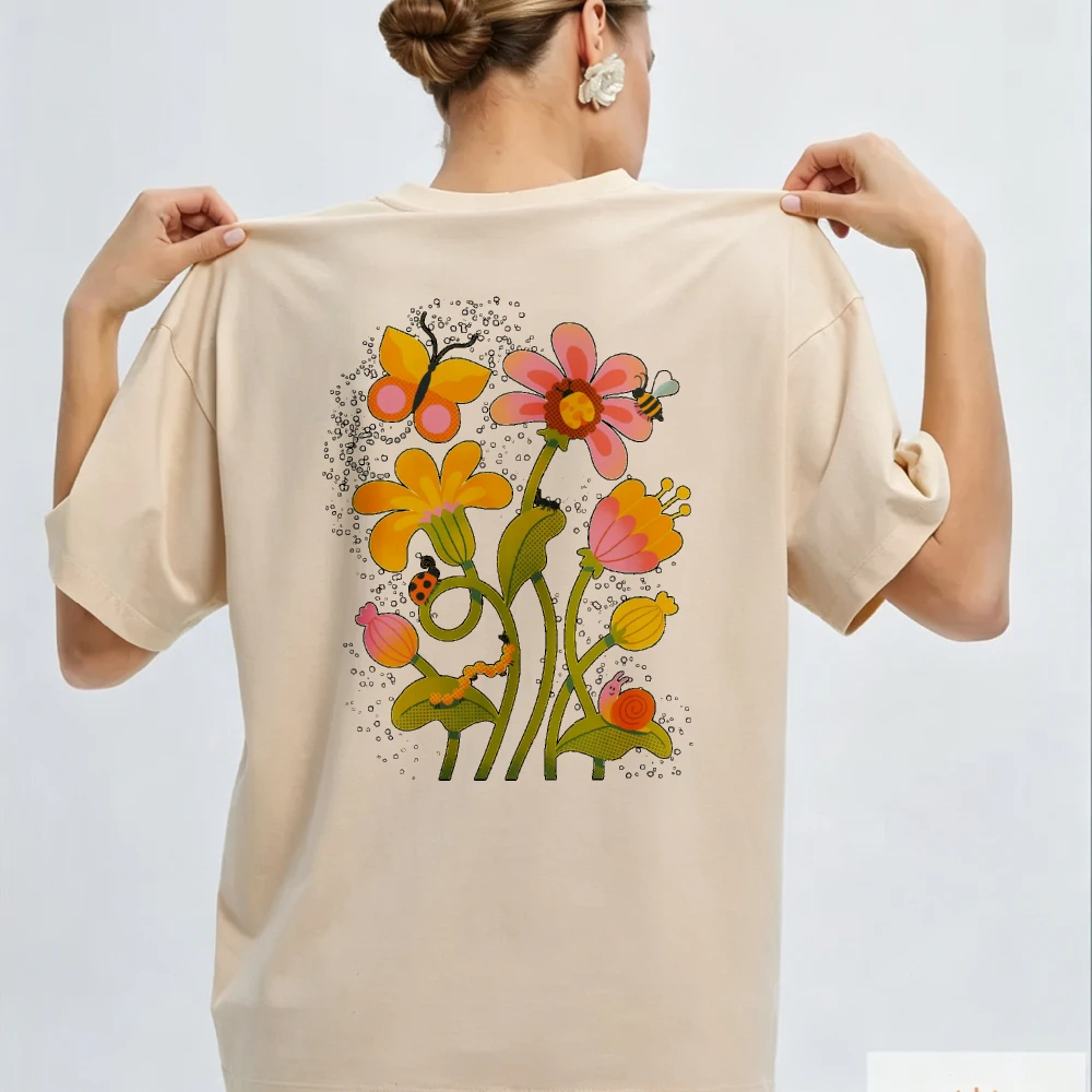 Floral Crewneck Short Sleeve T-Shirt with Butterfly Bee Ladybug Snail Funny Outdoors High Quality Cotton Short-sleev Casual Tops