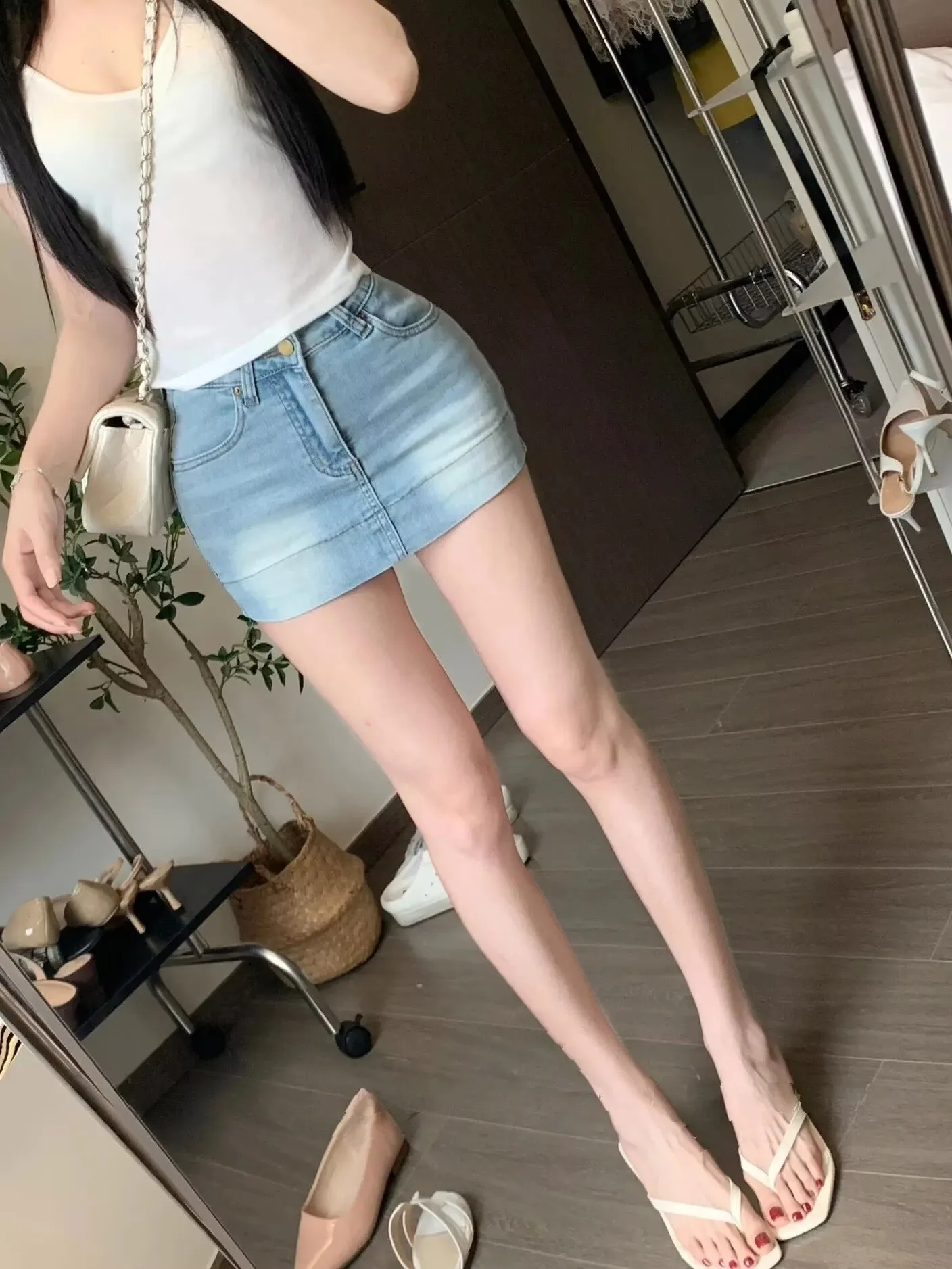 

American Retro Light Blue Denim Short Skirt Women Low Waist Elastic Slimming Leg Lengthening A-Line Anti-Light Half Skirt