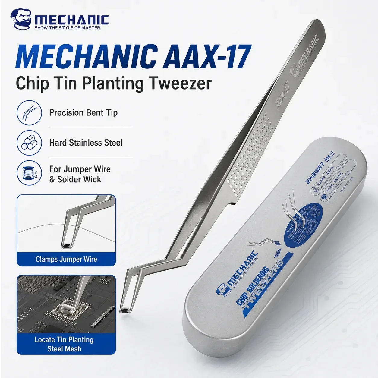 MECHANIC Aax‑17 Precision Tin‑Position Tweezers, Non‑Magnetic Anti‑Slip Stainless Steel for IC Chip Repair