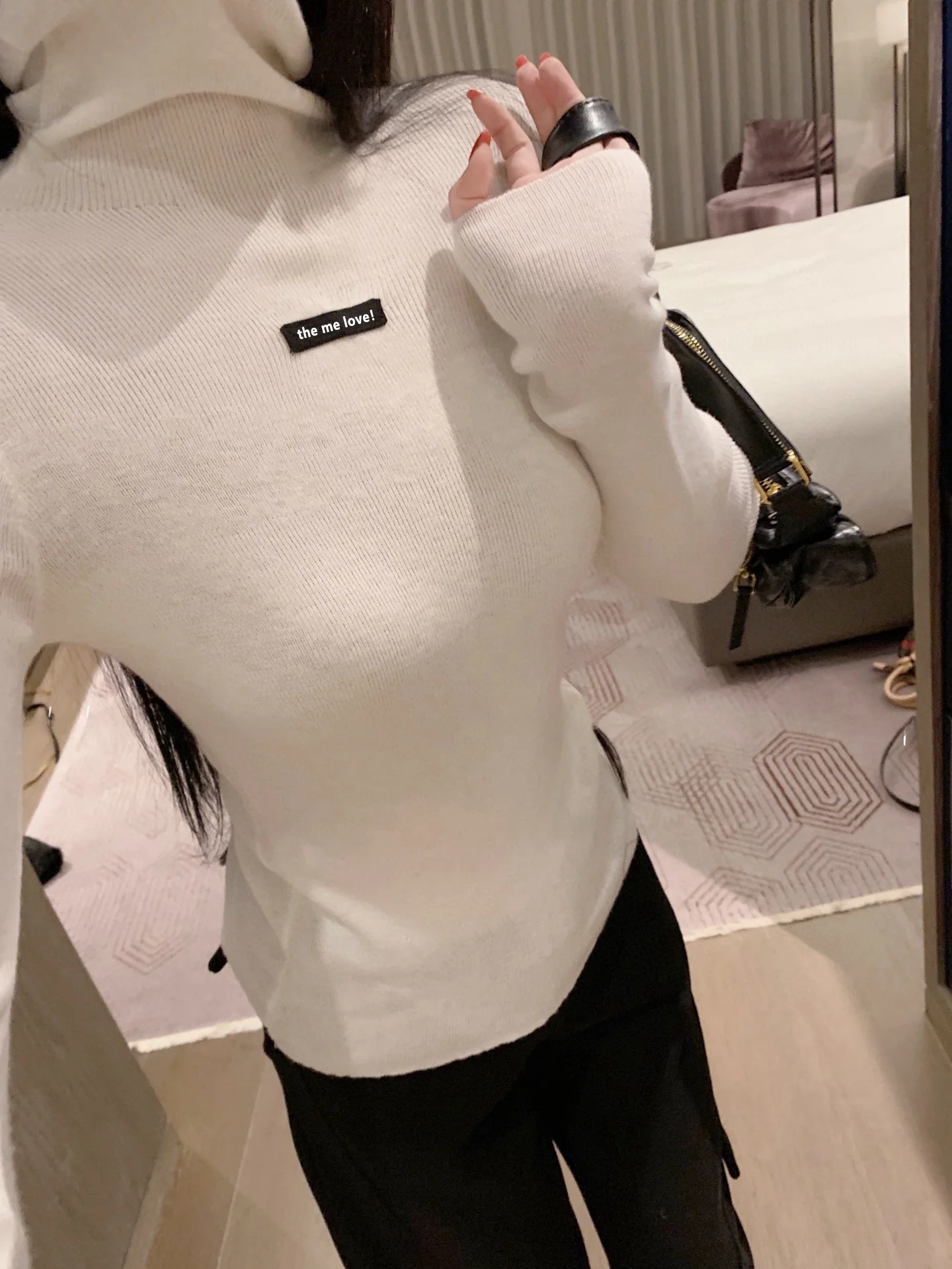 

Warm Long Sleeve Knitted Base Shirt Embroidered Letter High Collar Miu Style Girl's Fashionable Slim Fit Cotton Thermal Top
