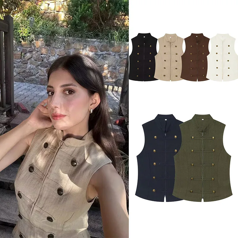 Sleeveless Double-Breasted Decorative Stand Collar Slim-Fit Women's Top, Fashionable and Unique Style, 2026 New Arrival