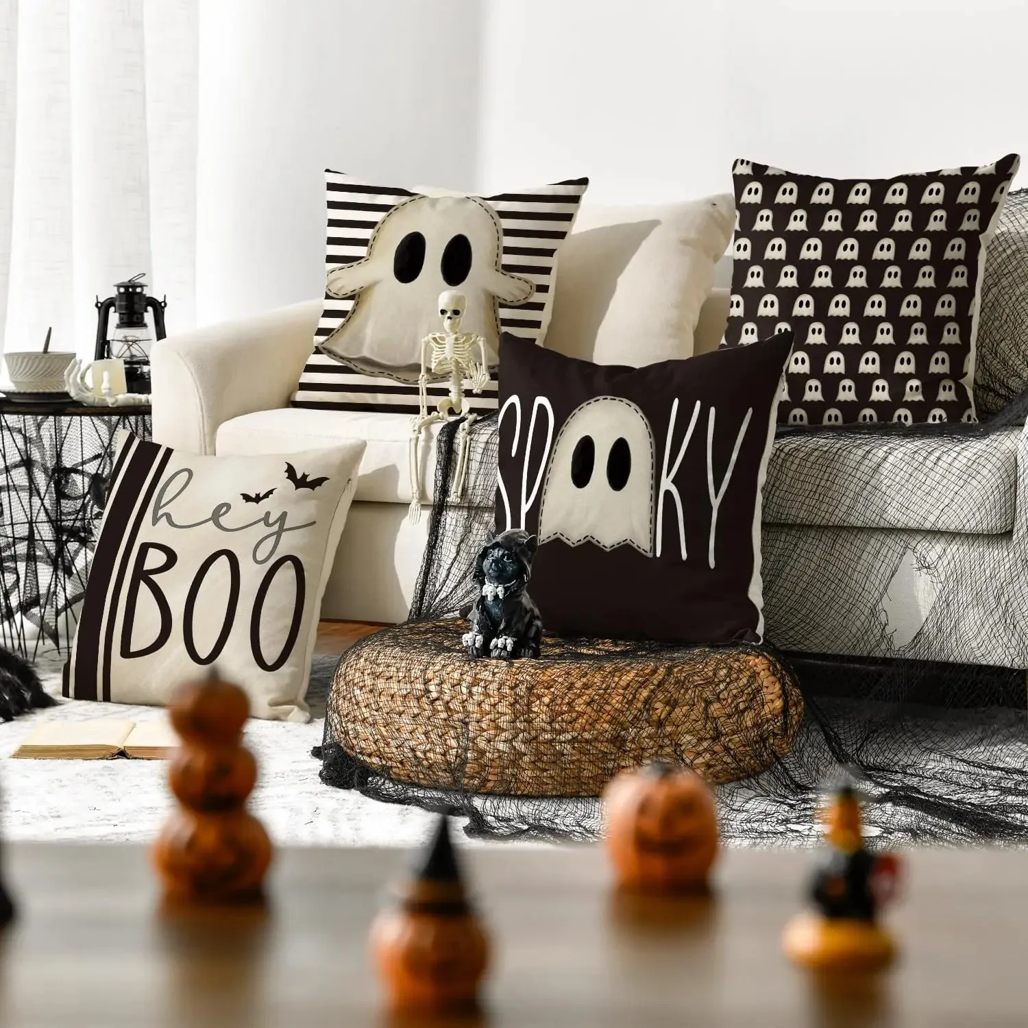 Halloween Hey Boo Cute Ghost Spooky Pink Throw Pillow Covers, Horror Scary Cushion Case for Sofa Couch Set of 4