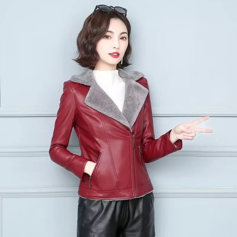 2023 Winter New Women Fleece Short Leather Coat Korean Style Slim Fit Warm Leather Jacket Fashion Solid Color Casual Outwear