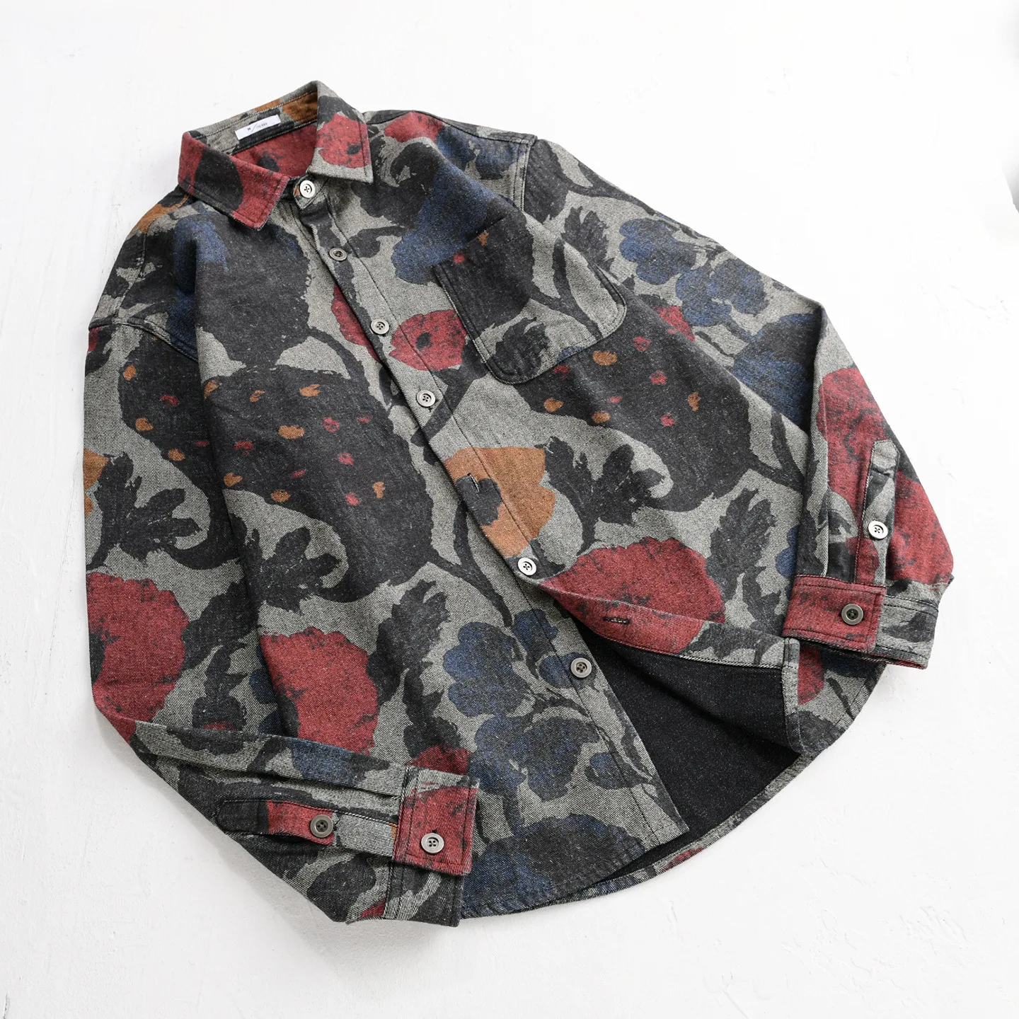 Spring Autumn Trendy Men's Vintage Printed Long-sleeved Heavyweight Shirt Youth Hong Kong Style High-end Loose Casual Men's Tops