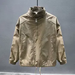 2023 New Spring and Autumn Fashion Street Trend Simple Solid Standing Neck Half Zip Pocket Drawstring Loose Casual Charge Jacket