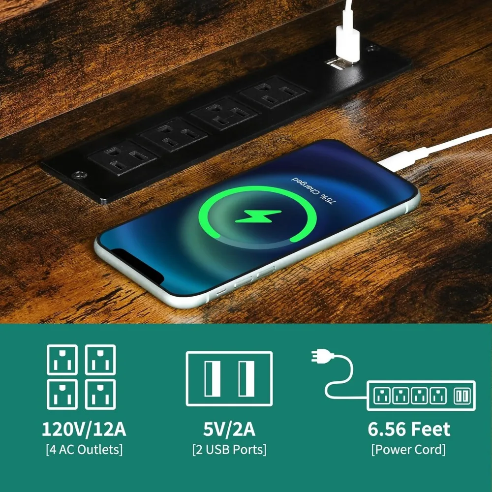 L Shaped Desk with Power Outlets & LED Lights, 60” Corner Computer Desk with Drawers & Lift Top, Home Office Desk