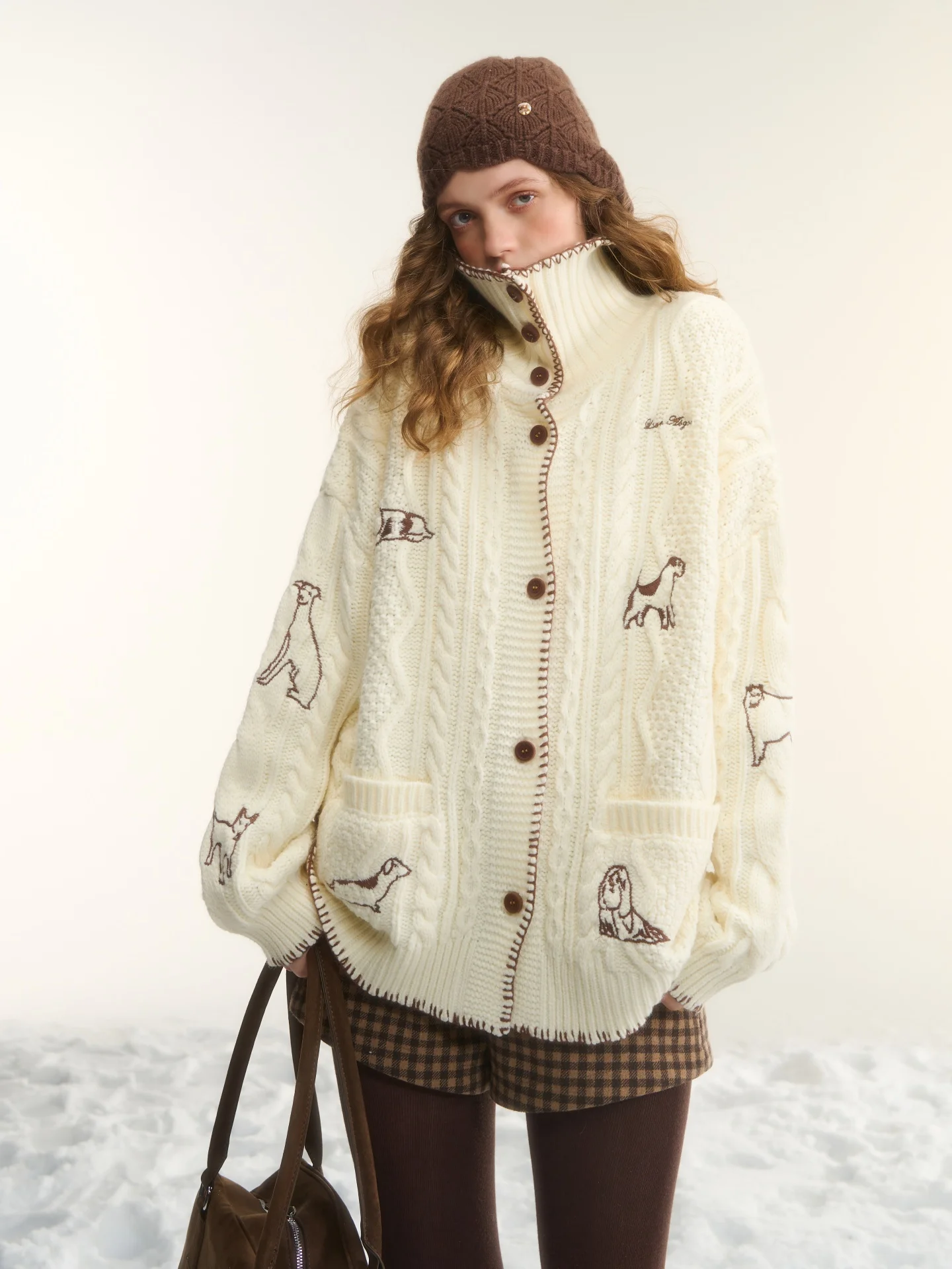 

AsGony Lazy Sle Loose Knitted Sweater with Embroidery Stand Collar Open Cardigan Dog Pattern Women's Winter Warm Clothes